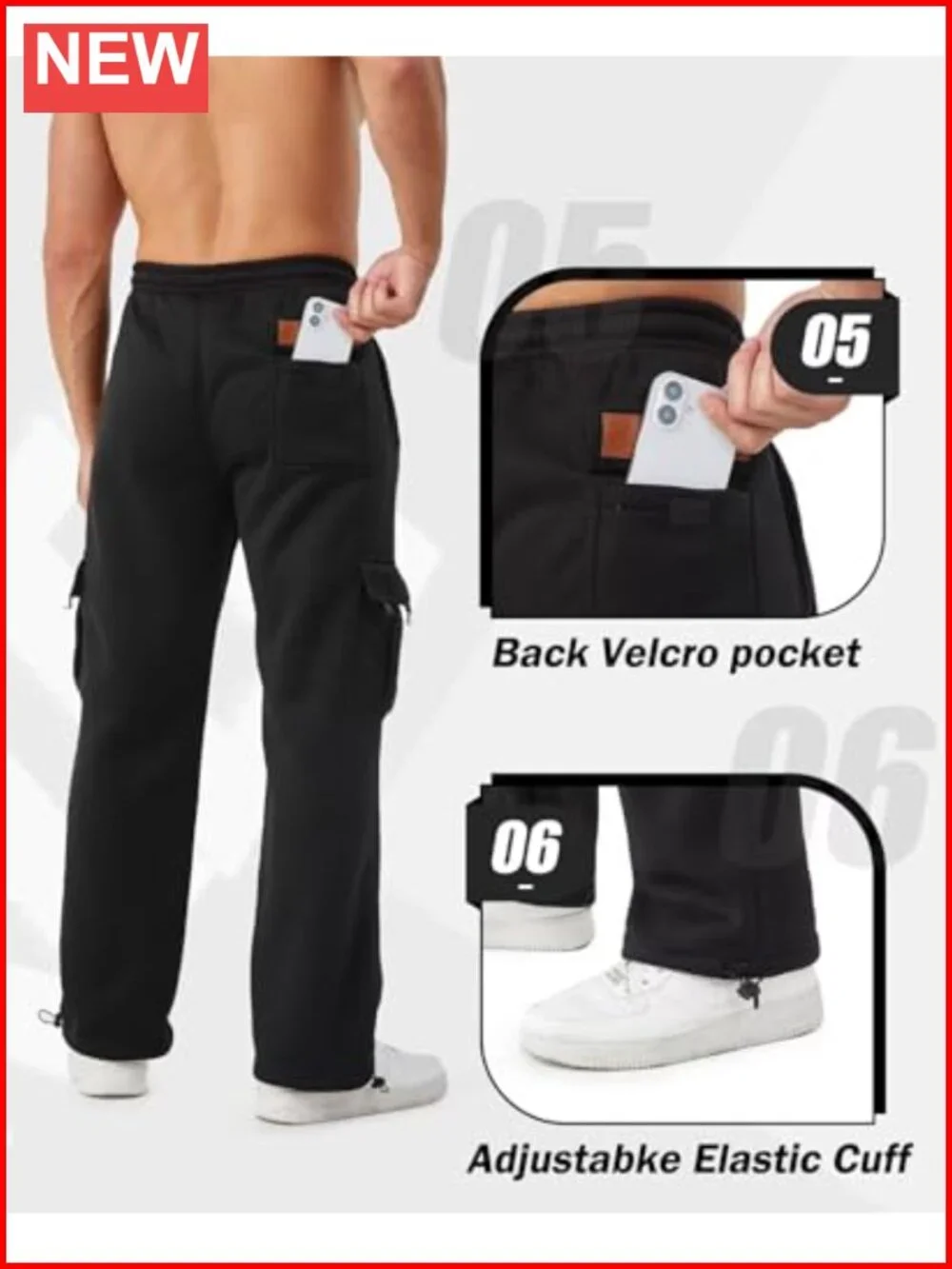 Men's 3 Pack Fleece Lined Cargo Joggers with Pockets Relaxed Fit